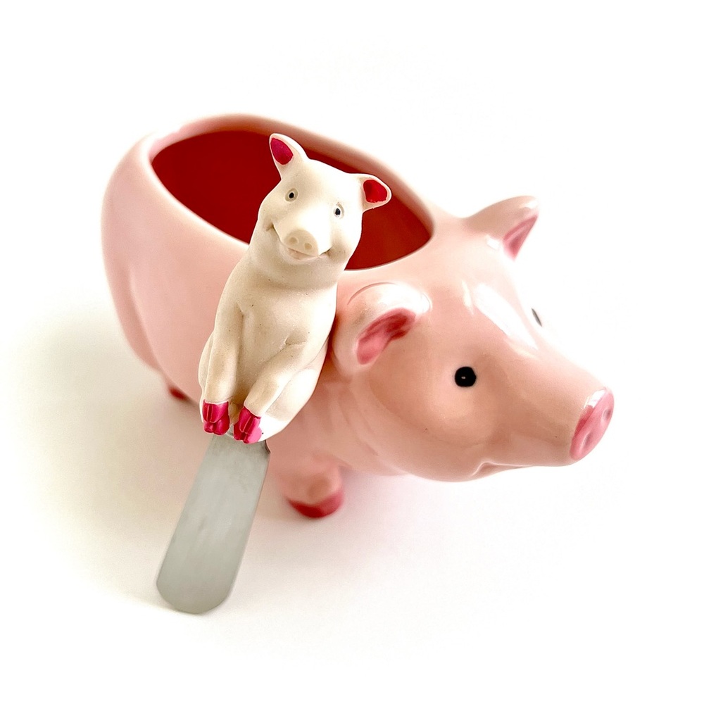 Vintage Boston Warehouse Ceramic Pink Pig Cheese Dip Bowl with Piglet Spreader